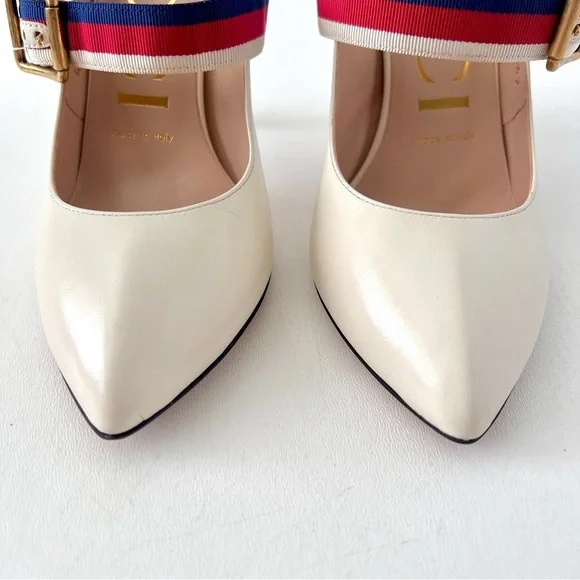 GUCCI | Sylvie Web Stripe Buckle White Leather Pumps EU 36 - Picture 3 of 16